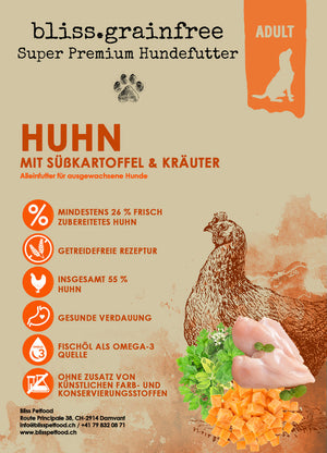 bliss.grainfree Adult Huhn mit Süsskartoffel & Kräuter - getreidefreies Trockenfutter