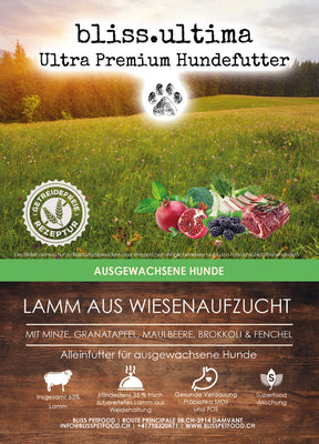 bliss.ultima Adult Lamm aus Wiesenaufzucht mit Minze, Granatapfel, Maulbeere, Brokkoli & Fenchel